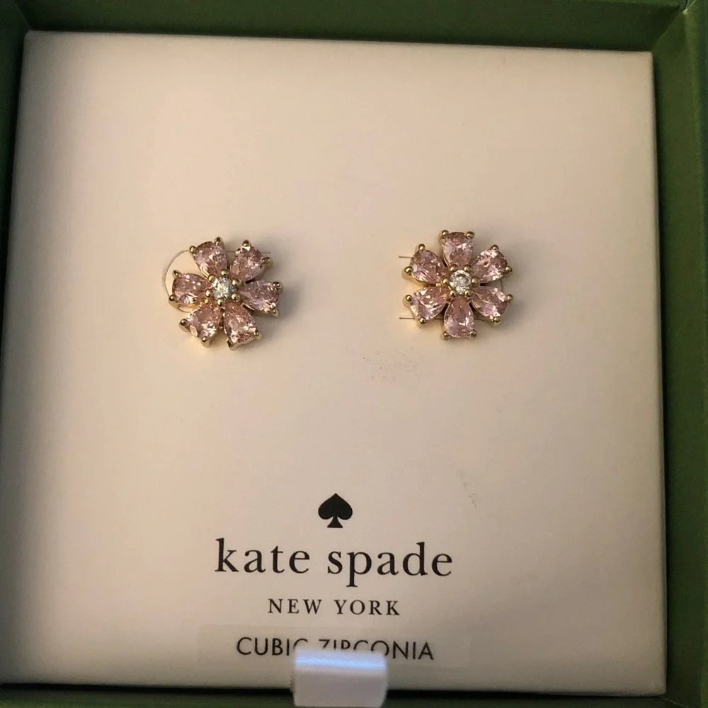kate spade Gold Tone Always Sparkle Flower Stud Earrings Pink CZ Accents NWT